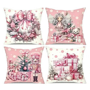Holiday Christmas Pink Angel Boho Retro Pillow Covers Set 4 New